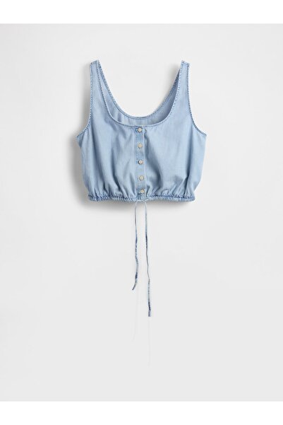 GAP Kadın Mavi Denim Büzgülü Crop Bluz