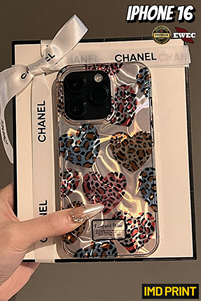 EWEC iPhone 16 Uyumlu Kalpli Leopar Desenli Hologramlı IMD Premium Telefon Kı...