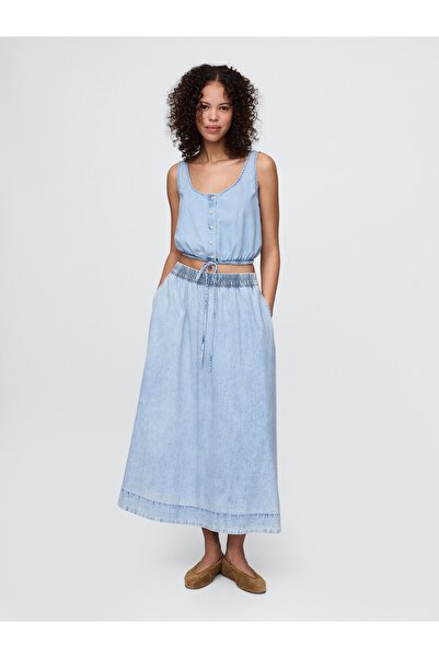 GAP Kadın Mavi Denim Büzgülü Crop Bluz
