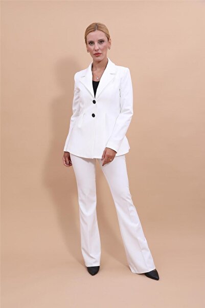 ÖNDER ÖZSOY Yonca Ceket & İspanyol Paça Pantolon Takım-Ekru