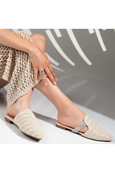 Kocamanlar Ayakkabı Feles Thin Sole Straw Detailed Women's Slippers Beige