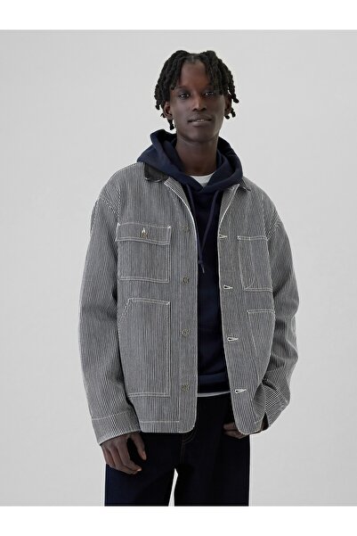 GAP Erkek Siyah Demir Yolu Çizgili Denim İş Ceket