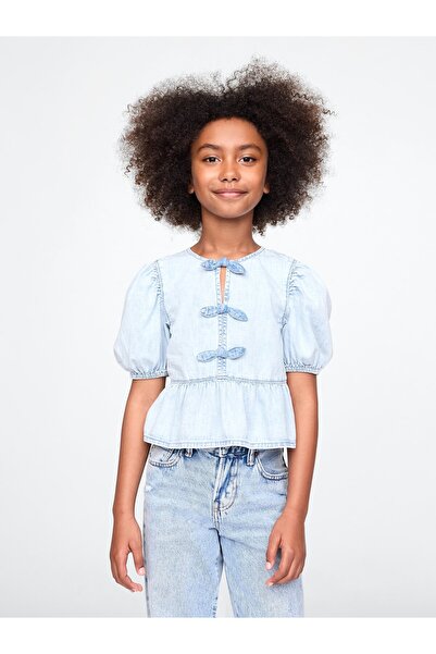 GAP Kız Çocuk Açık Mavi Denim Fırfırlı Peplum Bluz