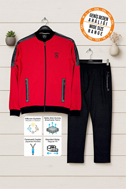 BESSA Erkek Kırmızı Eşofman Takımı Fermuarlı Cepli Düz Paça Desenli Kumaş Büyük Beden