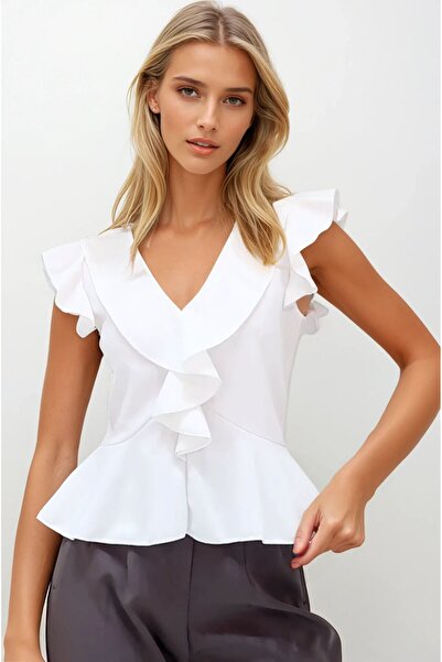 OLSAMODA Women's V-Neck Volume Flexible Knitted Fabric Bluz