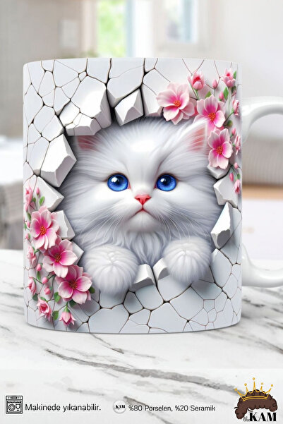 thekam Pembe Çiçekli Sevimli Kedi Temalı 3d Efektli Porselen Kupa Bardak - Ke...