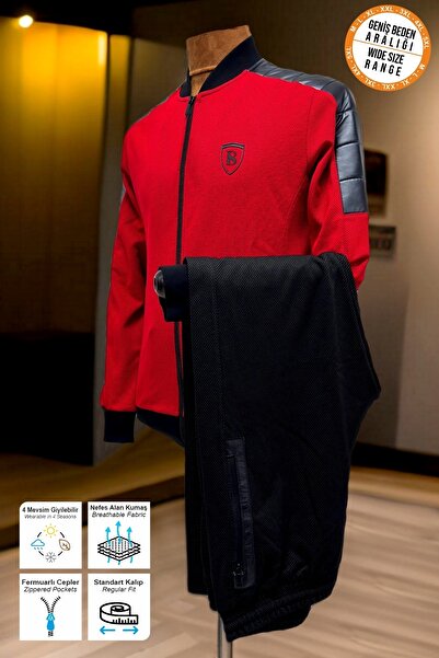 BESSA Men's Red Tracksuit Set with Zipper Pockets Straight Leg Patterned Fabric Plus Size