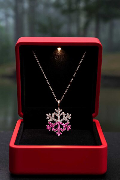 KAR DİAMOND 14 Ayar Altın Zincirli Kırmızı Beyaz Taşlı Kar Tanesi Kolye - Ser...