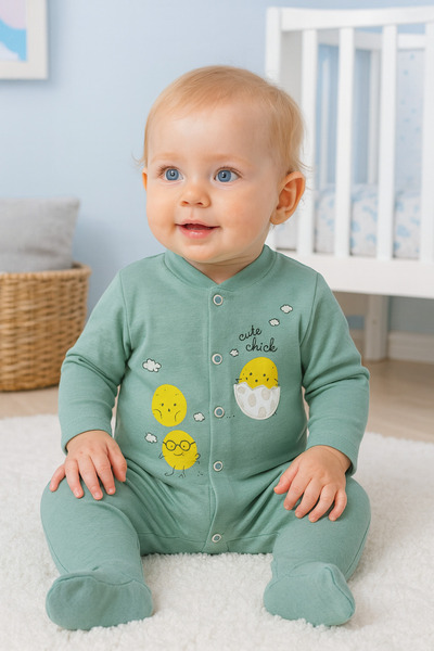 Pamira kız bebek çıtçıtlı civciv baskılı pamuklu