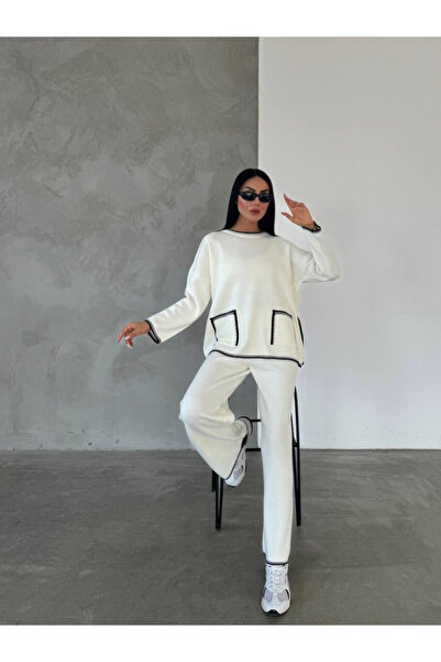 Ferte KADIN ÇİFT CEPLİ DİKİŞ DETAYLI TRİKO TAKIM RAHAT PANTOLONLU İKİLİ TRİKO TAKIM