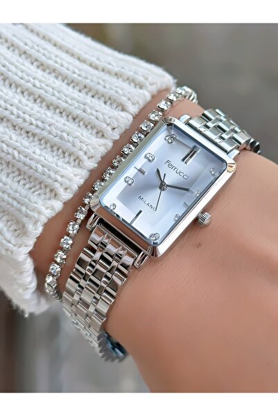 Ferrucci Steel Strap Silver Color Square Case 3 Atm Water Resistant Women's Wristwatch with Bracelet Gift