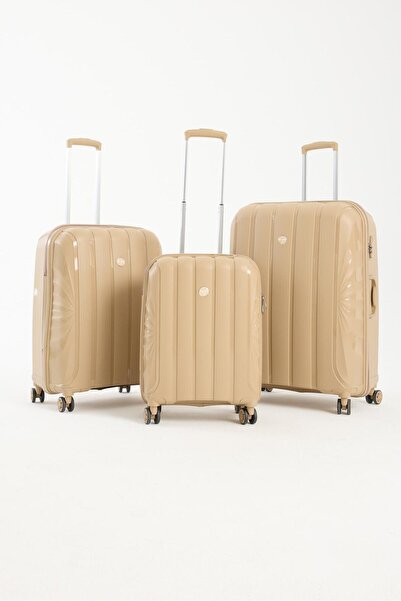 7K Krem Kemik Desenli Polipropen Kırılmaz 3'lü Valiz Seti