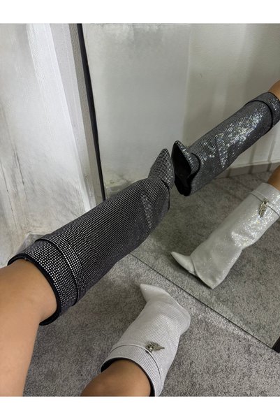 MYVOLANTE Taş Detaylı Kadın Dolgu Topuk Siyah Tozluk Detay Çizme