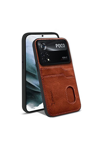 Zebana Xiaomi Poco X4 Pro 5G Uyumlu Kılıf Kartlıklı Lüx Deri Kılıf Kahverengi