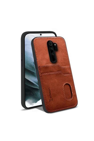 Zebana Xiaomi Redmi Note 8 Pro Uyumlu Kılıf Kartlıklı Lüx Deri Kılıf Kahverengi