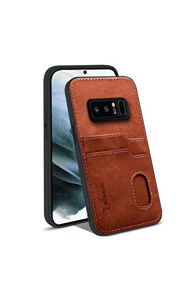 Zebana Samsung Galaxy Note 8 Uyumlu Kılıf Kartlıklı Lüx Deri Kılıf Kahverengi