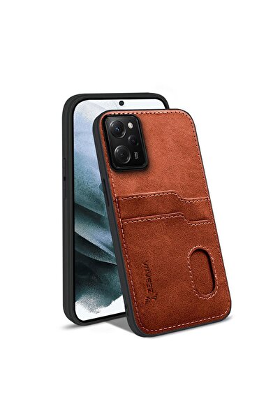 Zebana Xiaomi Poco X5 Pro 5G Uyumlu Kılıf Kartlıklı Lüx Deri Kılıf Kahverengi