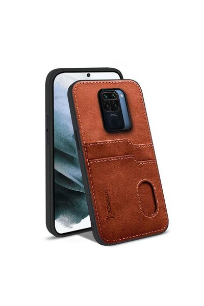 Zebana Xiaomi Redmi Note 9 Uyumlu Kılıf Kartlıklı Lüx Deri Kılıf Kahverengi
