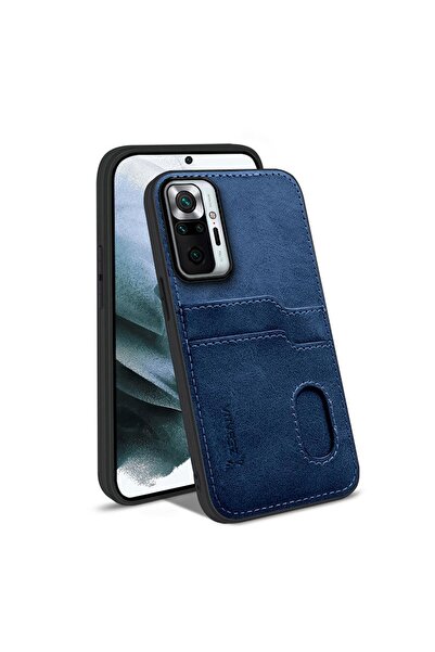 Zebana Xiaomi Redmi Note 10S Uyumlu Kılıf Kartlıklı Lüx Deri Kılıf Lacivert