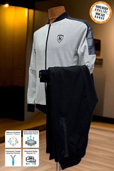 BESSA Men's White Tracksuit Set with Zippered Pockets and Straight Leg Patterned Fabric