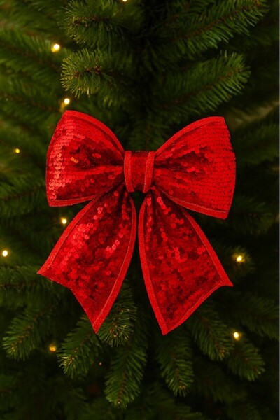 BeySüS Yılbaşı Ağacı Süsü 22 Cm Pul Payetli Kırmızı Fiyonk