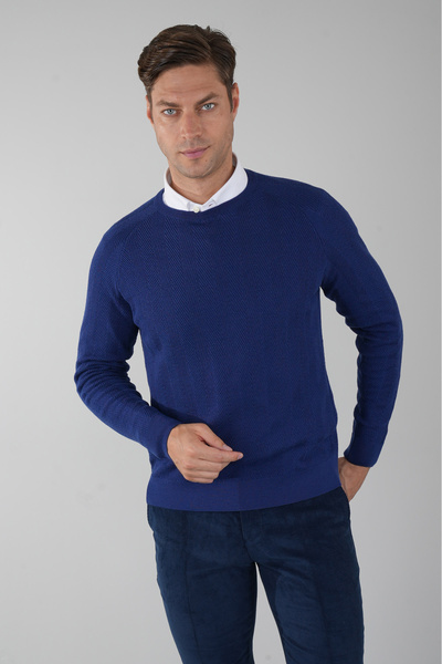 Bisse Erkek Bisiklet Yaka Yün Jakar Triko İndigo