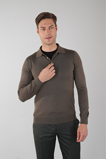 Bisse Haki Düğmeli Polo Yaka Erkek Yün Triko