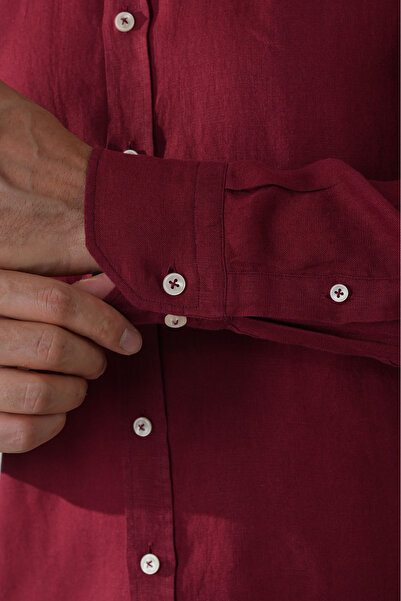Bisse Regular Fit Paşa Yaka Cepsiz Düğmeli Bordo Erkek Gömlek