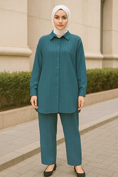 ECK MODA Women's Crepe Lycra Stretchy Striped Fabric Buttoned Elastic Waist Bottom and Top Set