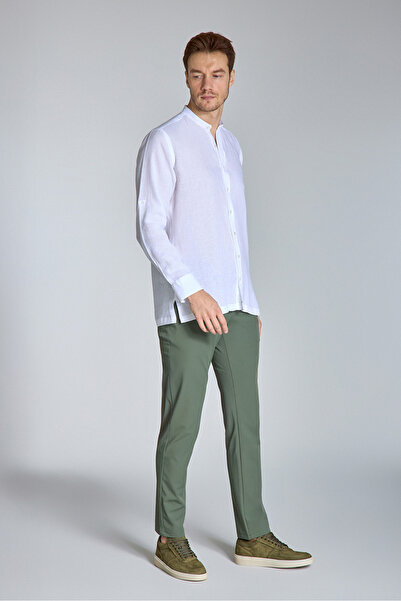 Bisse Regular Fit Hakim Yaka Beyaz Keten Erkek Gömlek