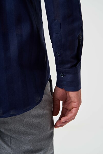 Bisse Regular Fit Paşa Yaka Transparan Lacivert Erkek Gömlek