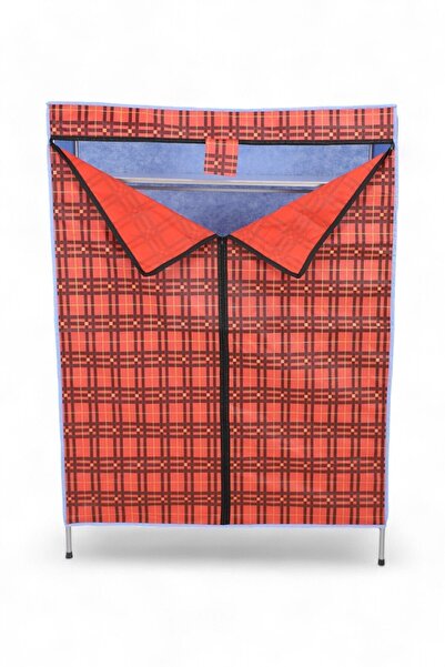 İronika Kalın Metal Borulu İskeletli Bez Gardrop Portatif Demonte Elbise Dolabı Bez Dolap Kırmızı