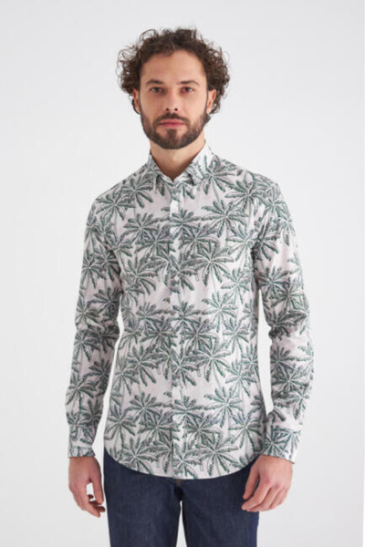 Bisse Men's Green Patterned Slim Fit Long Sleeve Sports Shirt