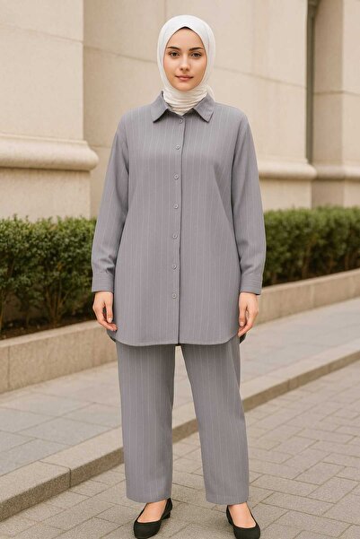 ECK MODA Women's Crepe Lycra Stretchy Striped Fabric Buttoned Elastic Waist Bottom and Top Set