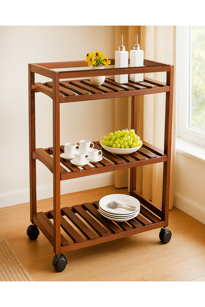 NIDAGE Ahşap Tekerlekli Ahşap Servis Arabası Masa Çiçeklik 5875