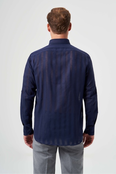 Bisse Regular Fit Paşa Yaka Transparan Lacivert Erkek Gömlek