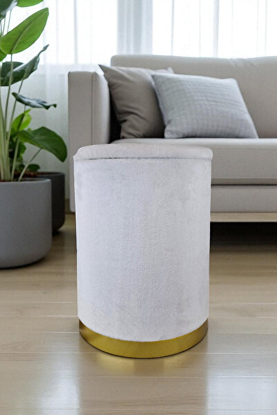 Arte Cotone Bej Krem Kadife Kumaş Dekoratif Silindir Koltuk Sandıklı Puf 32 X 43