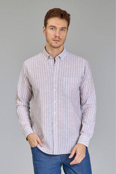 Bisse Regular Fit Paşa Yaka Çizgili Kahve Pamuk Keten Erkek Gömlek