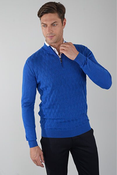 Bisse Men's Half Turtleneck Zipper Detailed Jacquard Knitwear Sax