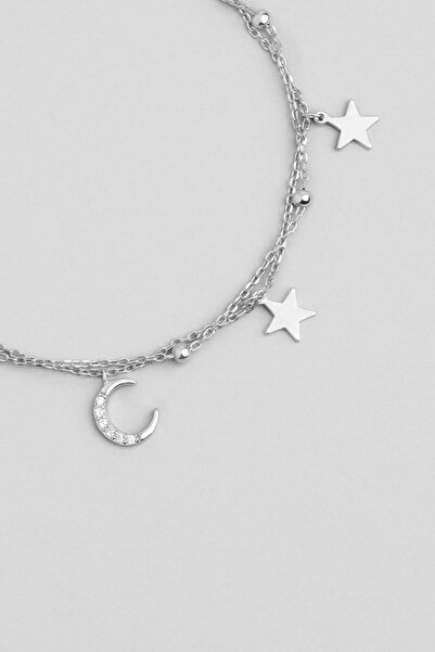 So CHIC... Ay ve Yıldız 18 Ayar Beyaz Altın Kaplama 19 Cm Gümüş Minimal Bileklik
