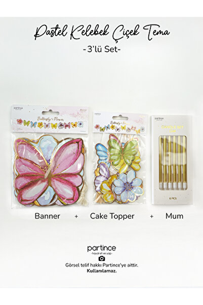 partince 3'lü Set Pastel Renk Kelebek Çiçek Pasta Süsü Banner Ve Metalik Gold...