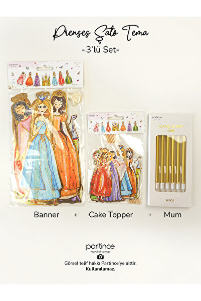 partince 3'lü Set Pastel Prenses Şato Tema Pasta Süsü Banner Ve Metalik Uzun ...