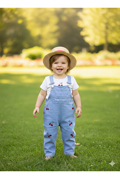 EYMİRGİYİM Straw Hat Cherry Embroidered Denim Salopet Baby Girl Child Set of 2 6-9Months, 9-12Months, 12-18Months, 18-24Months