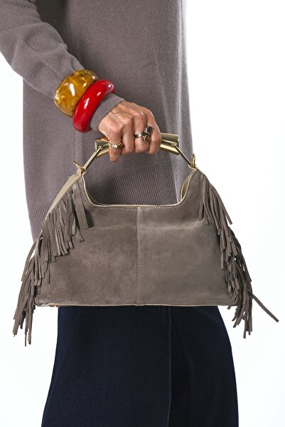 ABBRA حقيبة نسائية من الجلد السويدي الحقيقي مع مقابض ذهبية وشراشيب على الجوانب ومبطنة