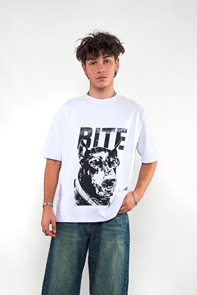 Sekizbiraltı Bıte Doberman Baskılı Oversize Unisex Beyaz Tshirt