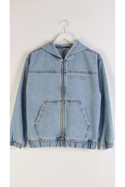 wakawakakidsstore Jachetă de blugi pentru băieți, cu buzunar cangur, cu glugă, broderie în față și în spate