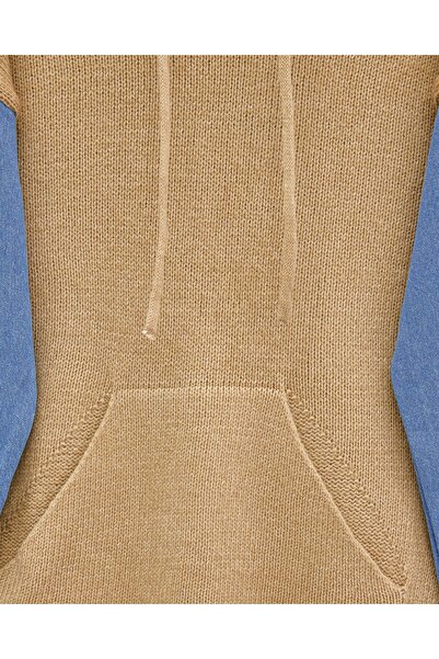 Modamorfo Hooded Sleeve Denim Detailed Kangaroo Pocket Knitwear Sweat -Mink