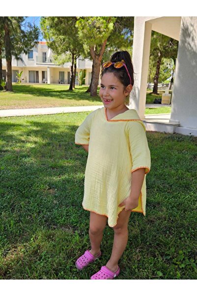 Mia Mina Home Baby 4 Layer Muslin Hooded Shepherd Stitched Children's Poncho Yellow Color