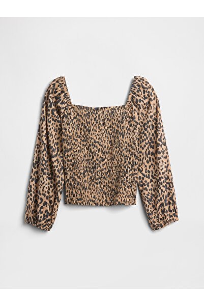 GAP Kız Çocuk Kahverengi Kare Yaka Leoparlı Bluz