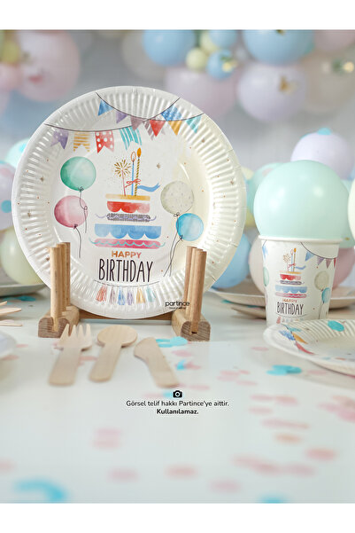 partince 8 Kişilik Pasta Happy Birthday Tema Kullan At Karton Tabak Bardak Ça...